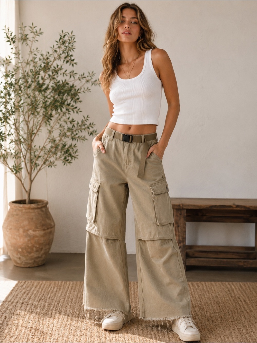 POL Khaki Barrel Leg Cargo Jeans Raw Hem Belted Small Boho